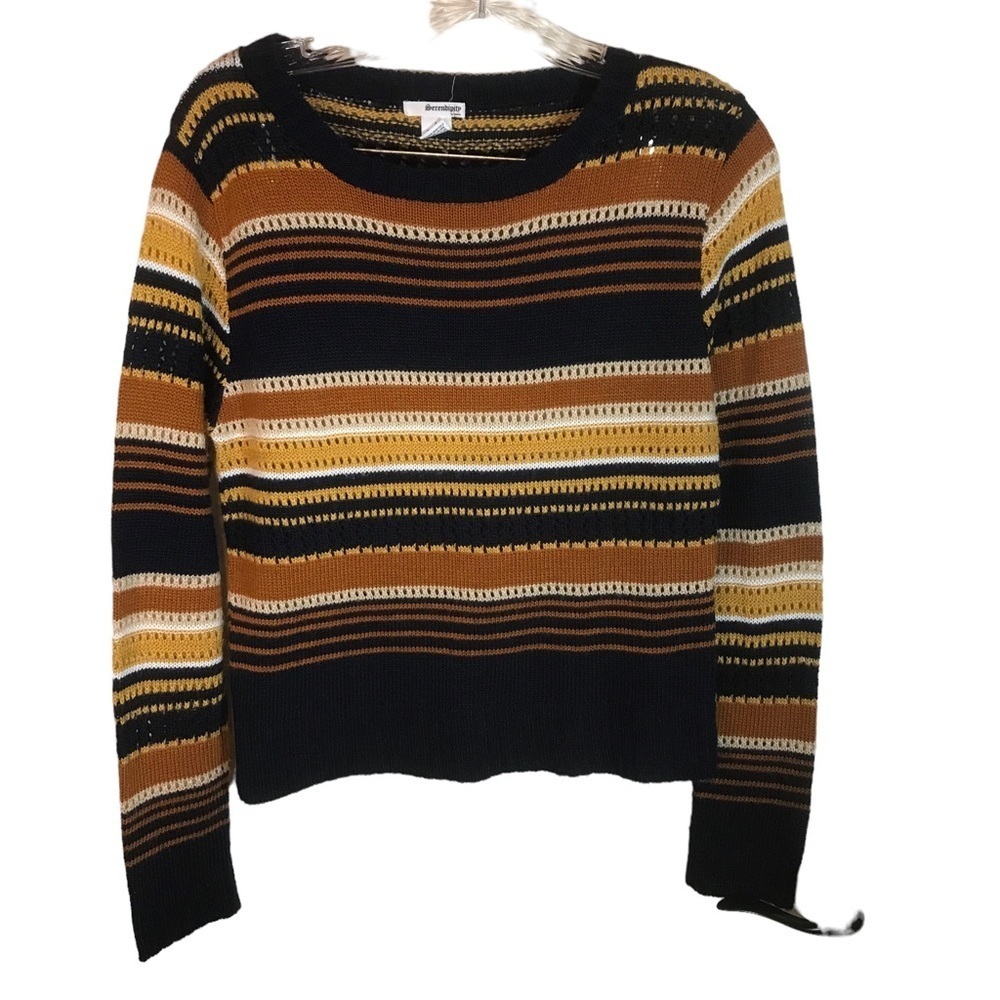 Serendipity by Victoria women’s crewneck open weave sweater size L navy mustard
